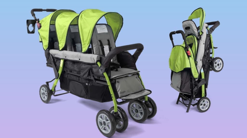 Gaggle by Foundations Compass 3-Seat Stroller - Triple Stroller with Individual Reclining Seats for 3 Children - Lime